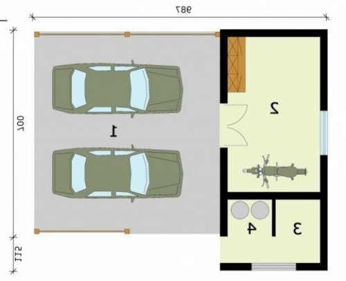 RZUT PRZYZIEMIA G280 wiata garażowa z pomieszczeniem gospodarczym - wersja lustrzana