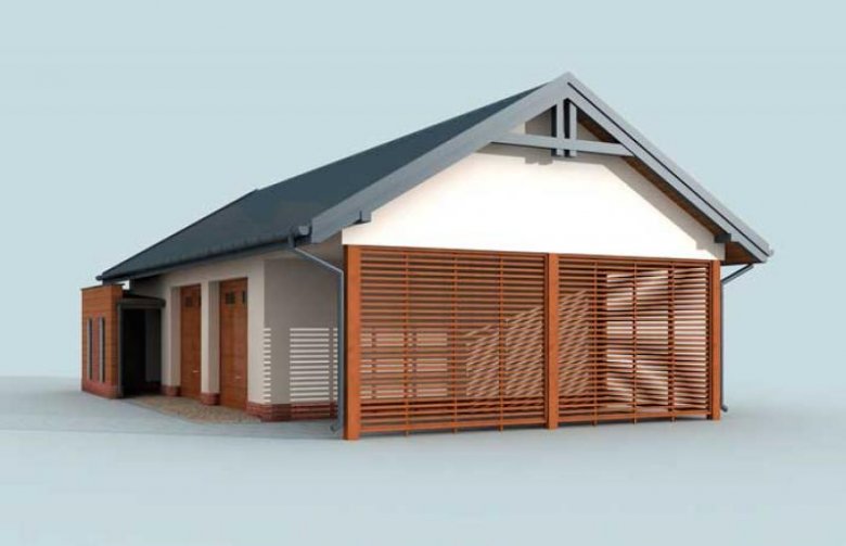 Projekt garażu G281 garaż dwustanowiskowy z pomieszczeniem gospodarczym i wiatą