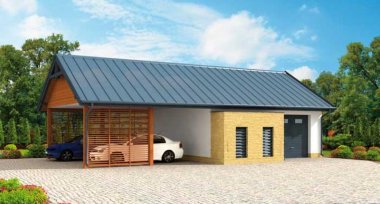 Projekt domu G282 garaż z wiatą i pomieszczeniami gospodarczymi