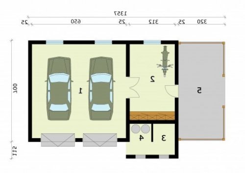 RZUT PRZYZIEMIA G284 garaż dwustanowiskowy z pomieszczeniem gospodarczym i werandą - wersja lustrzana