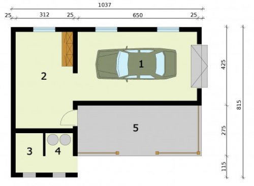 RZUT PRZYZIEMIA G285 garaż jednostanowiskowy z pomieszczeniem gospodarczym i werandą