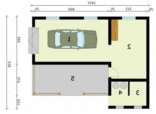 RZUT PRZYZIEMIA G285 garaż jednostanowiskowy z pomieszczeniem gospodarczym i werandą - wersja lustrzana