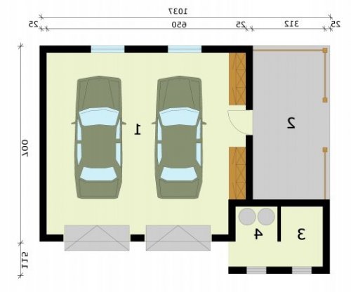 RZUT PRZYZIEMIA G287 garaż dwustanowiskowy z pomieszczeniem gospodarczym - wersja lustrzana