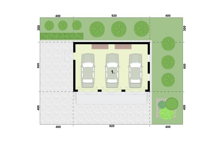 Projekt garażu G305A garaż trzystanowiskowy - rzut przyziemia