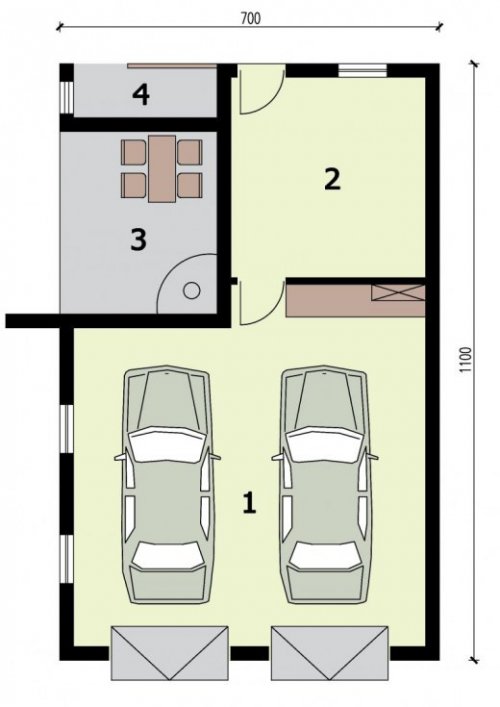 RZUT PRZYZIEMIA G320 garaż dwustanowiskowy z pomieszczeniem gospodarczym i altaną