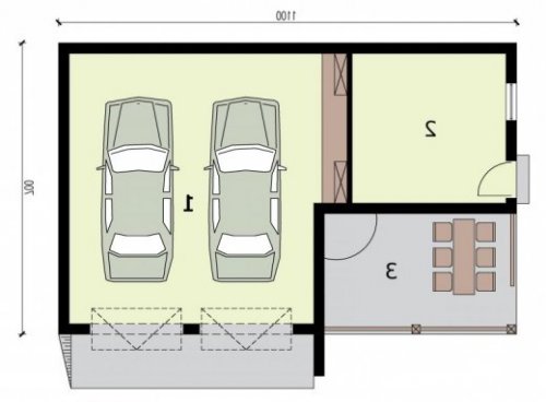 RZUT PRZYZIEMIA G314 garaż dwustanowiskowy z pomieszczeniem gospodarczym i werandą - wersja lustrzana