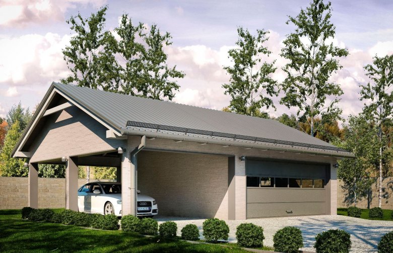 Projekt domu energooszczędnego G163 - Budynek garażowy z wiatą