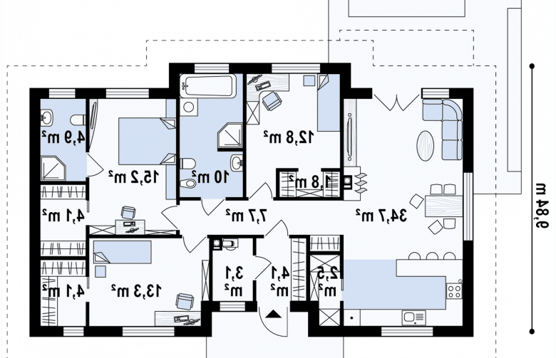 Projekt domu parterowego Z307 - rzut parteru