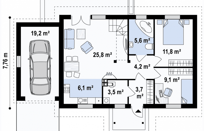 Projekt domu parterowego Z12 GL - rzut parteru