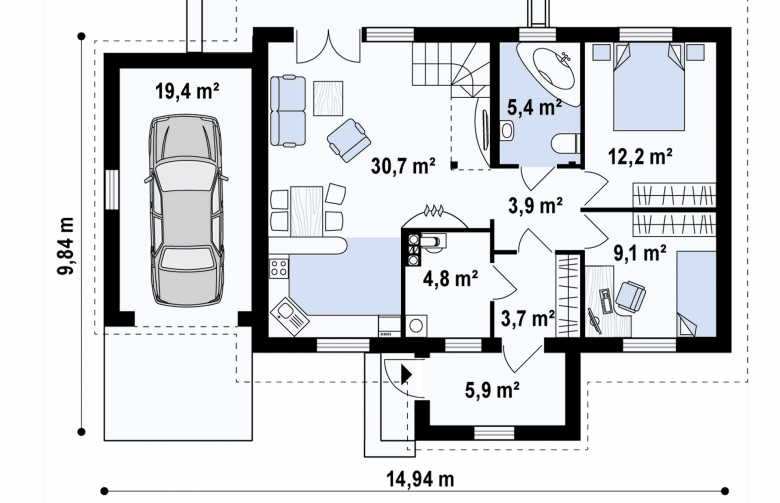 Projekt domu parterowego Z12 GL zg - rzut parteru