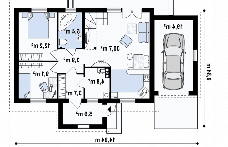 Projekt domu parterowego Z12 GL zg - rzut parteru