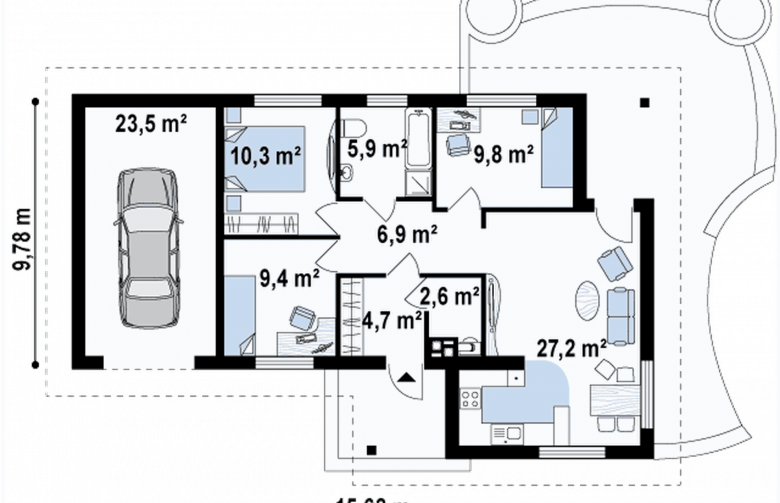 Projekt domu parterowego Z15 v2 GL - rzut parteru