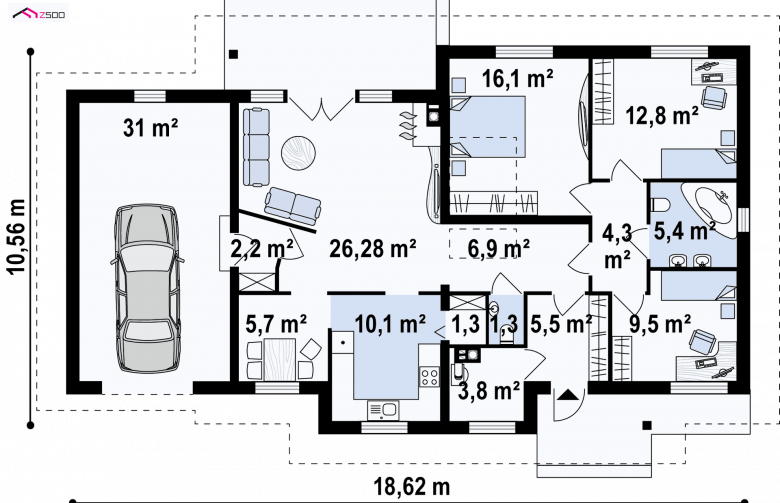 Projekt domu parterowego Z23 GL - rzut parteru