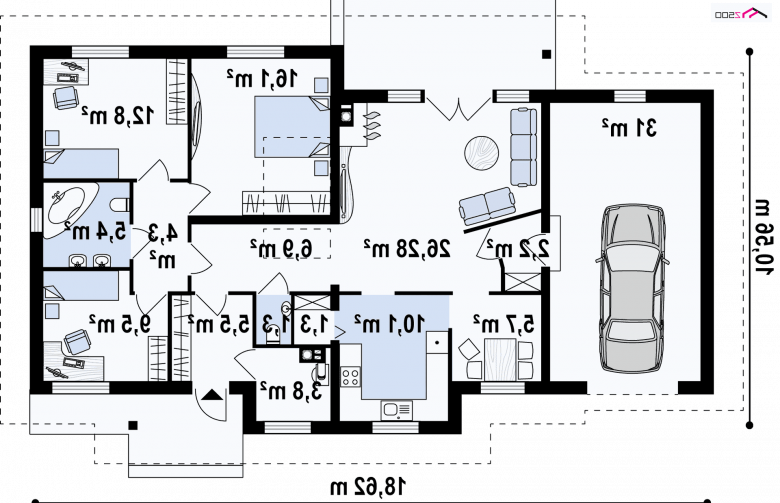 Projekt domu parterowego Z23 GL - rzut parteru