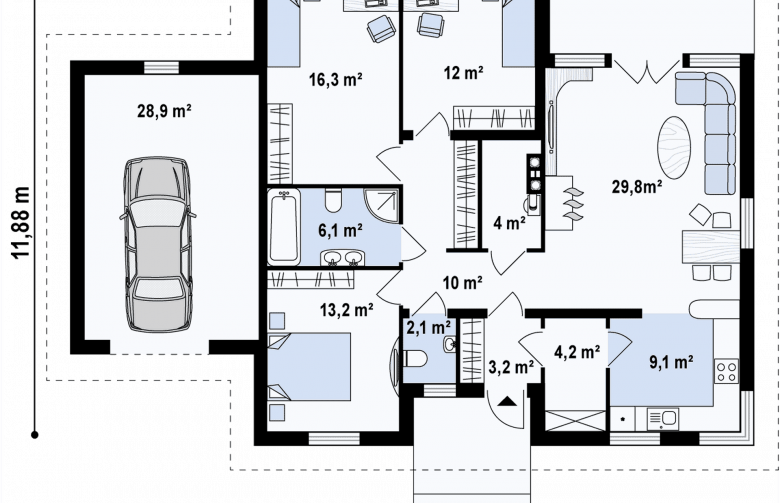 Projekt domu parterowego Z24 GL - rzut parteru