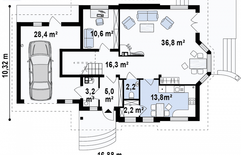 Projekt domu z poddaszem Z28 GL - rzut parteru