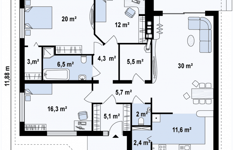 Projekt domu parterowego Z41 + - rzut parteru