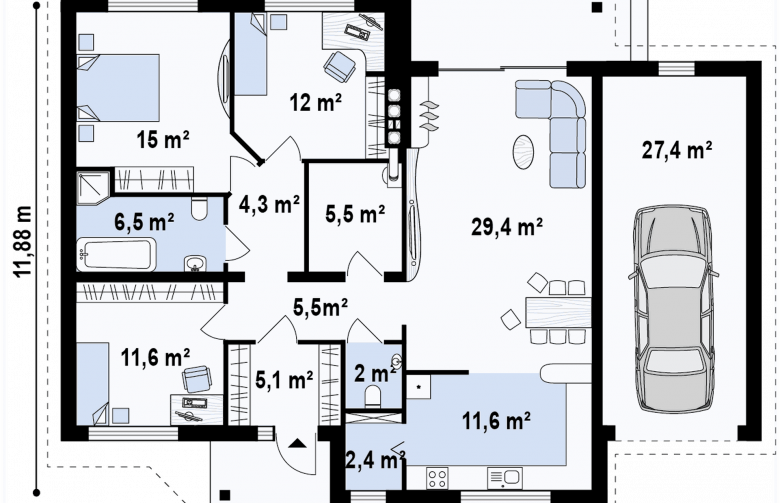 Projekt domu parterowego Z41 GP - rzut parteru