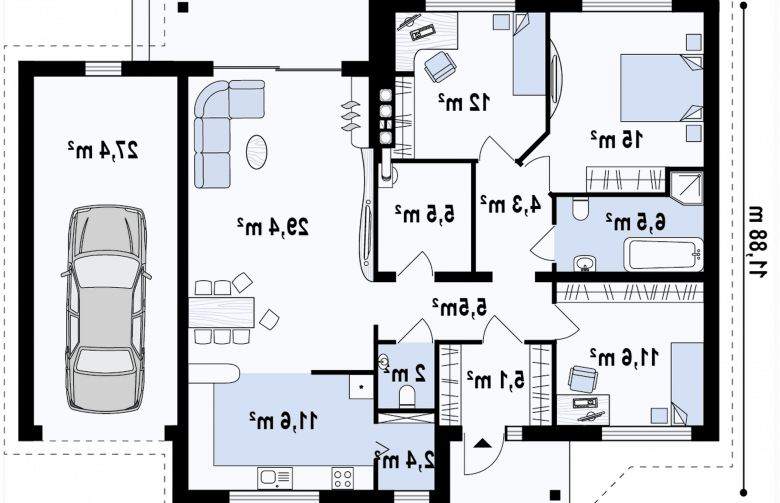 Projekt domu parterowego Z41 GP - rzut parteru