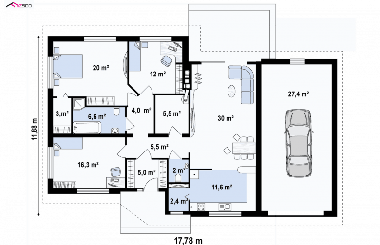 Projekt domu parterowego Z41 + GP - rzut parteru