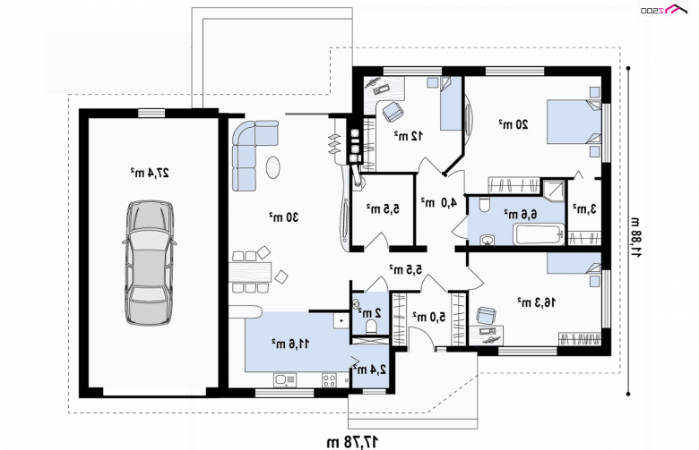 Projekt domu parterowego Z41 + GP - rzut parteru