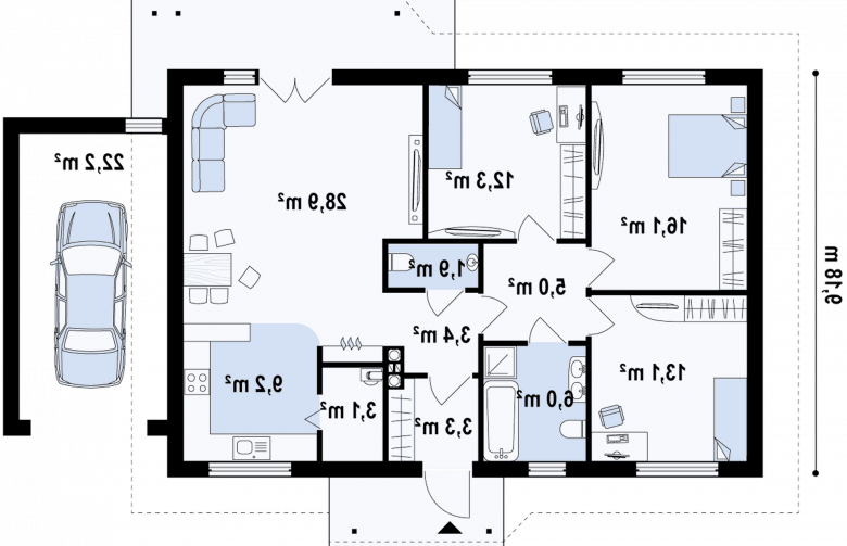 Projekt domu parterowego Z69 GP - rzut parteru