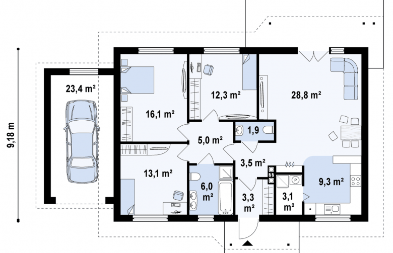 Projekt domu parterowego Z69 GL p - rzut parteru