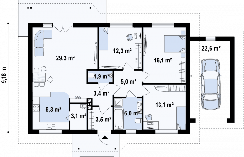 Projekt domu parterowego Z69 L GP - rzut parteru