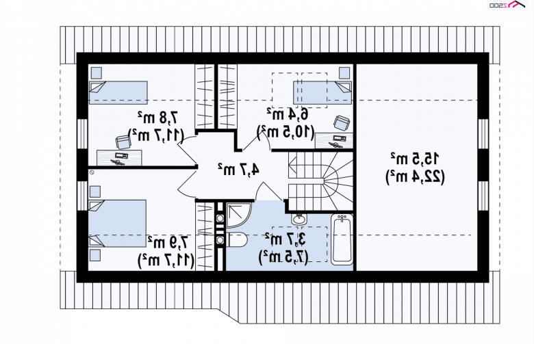 Projekt domu z poddaszem Z71 GL - rzut poddasza