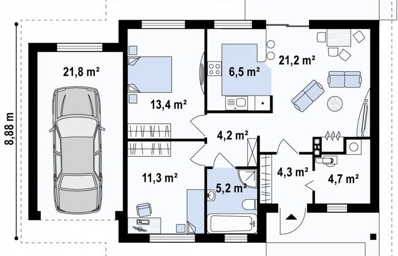 Projekt domu parterowego Z78 GL - rzut parteru