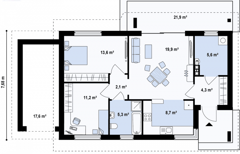 Projekt domu parterowego Z87 GL - rzut parteru