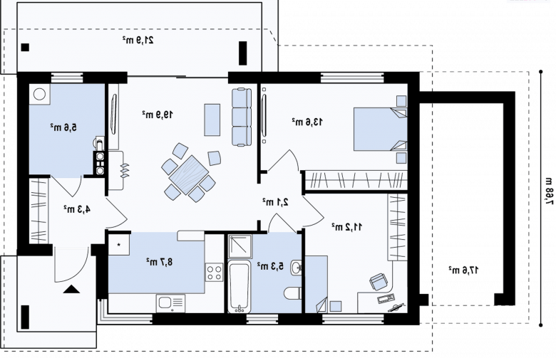 Projekt domu parterowego Z87 GL - rzut parteru