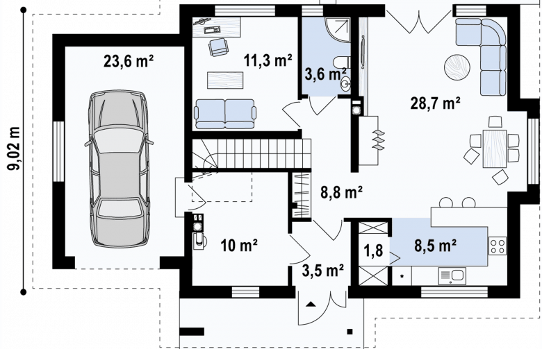 Projekt domu z poddaszem Z92 GL - rzut parteru