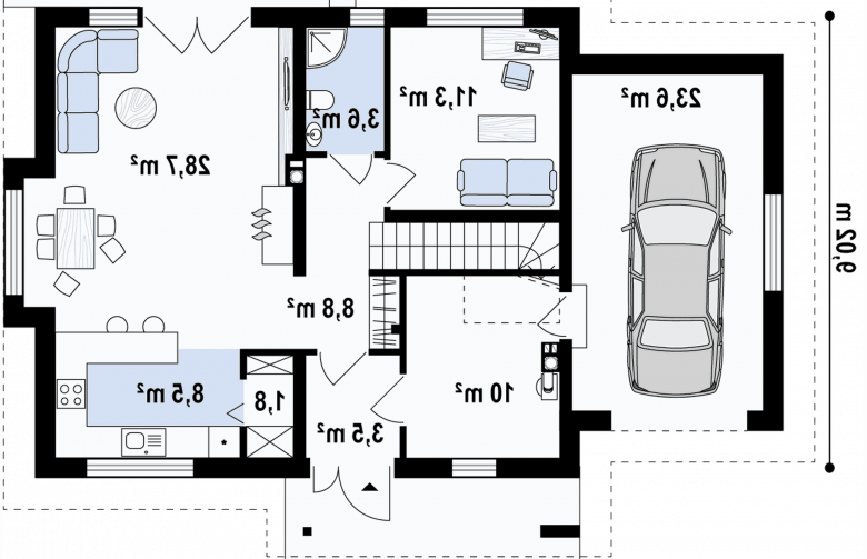 Projekt domu z poddaszem Z92 GL - rzut parteru