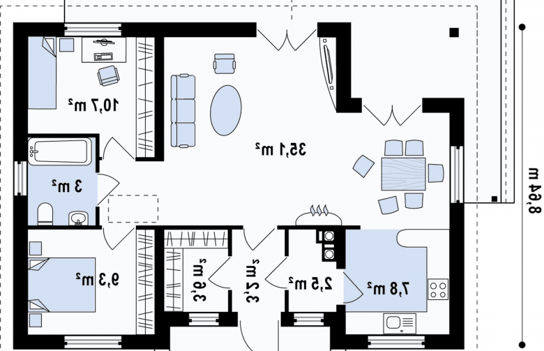 Projekt domu parterowego Z136 - - rzut parteru