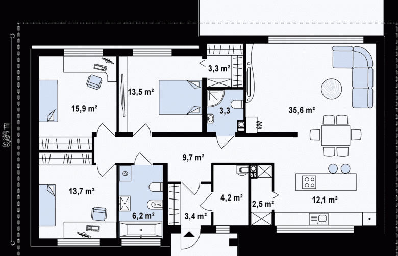 Projekt domu parterowego Z140 v1 - rzut parteru