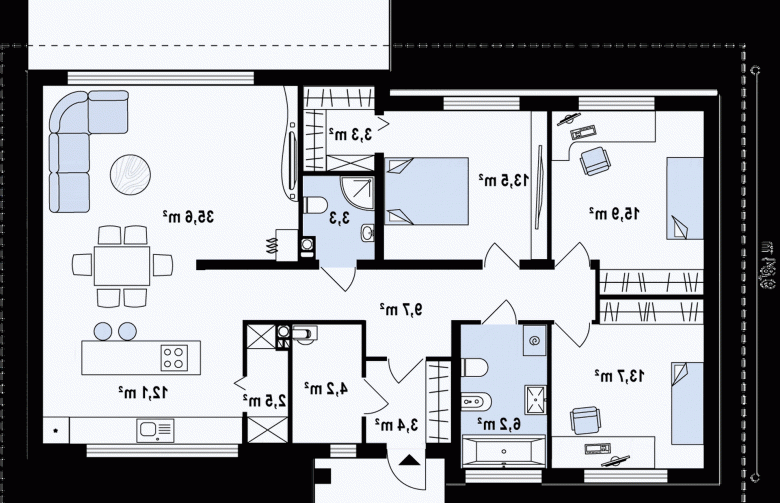 Projekt domu parterowego Z140 v1 - rzut parteru