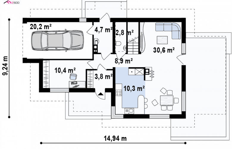 Projekt domu z poddaszem Z150 GL - rzut parteru