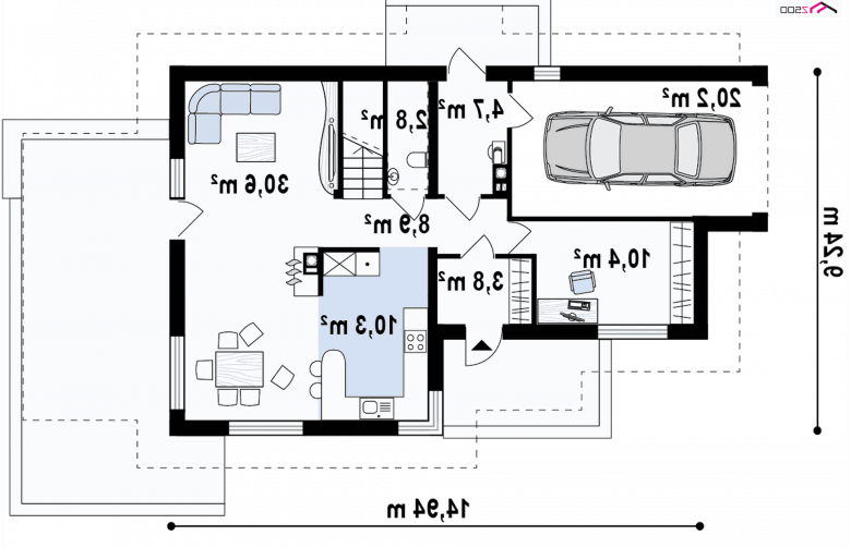 Projekt domu z poddaszem Z150 GL - rzut parteru