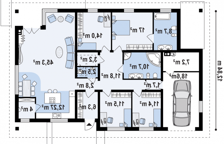 Projekt domu parterowego Z153 GL - rzut parteru