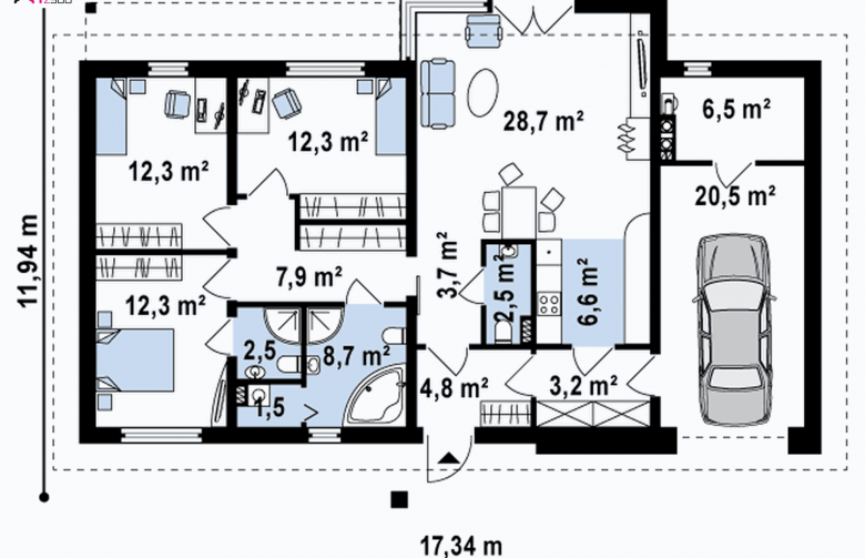 Projekt domu parterowego Z165 v2.0 - rzut parteru