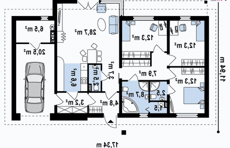 Projekt domu parterowego Z165 v2.0 - rzut parteru