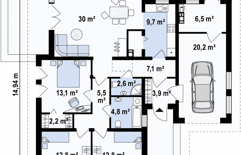 Projekt domu parterowego Z204 GP - rzut parteru