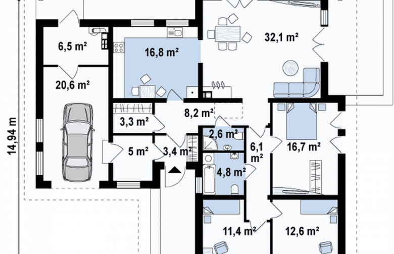 Projekt domu parterowego Z204 L v3 - rzut parteru