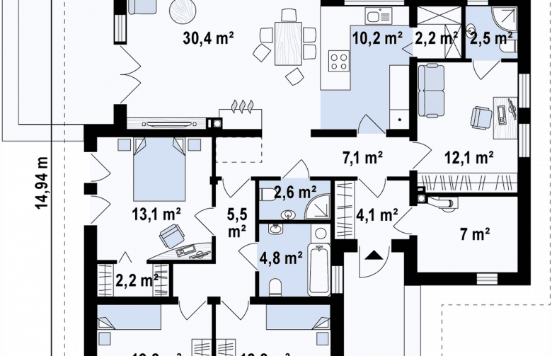 Projekt domu parterowego Z204 bG - rzut parteru