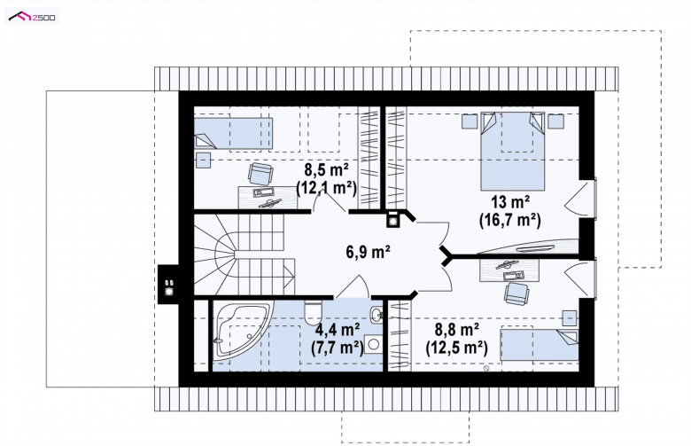 Projekt domu z poddaszem Z233 GL - rzut poddasza