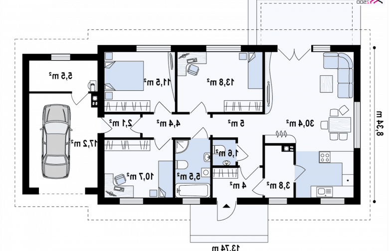 Projekt domu parterowego Z241 GP - rzut parteru