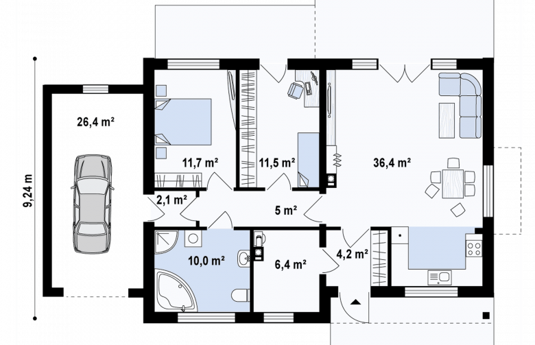 Projekt domu parterowego Z256 GL - rzut parteru