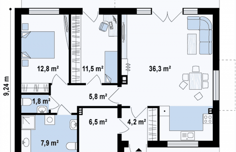 Projekt domu parterowego Z256 pc - rzut parteru