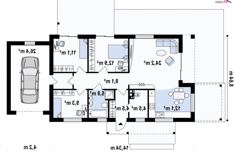 Projekt domu parterowego Z258 GP - rzut parteru